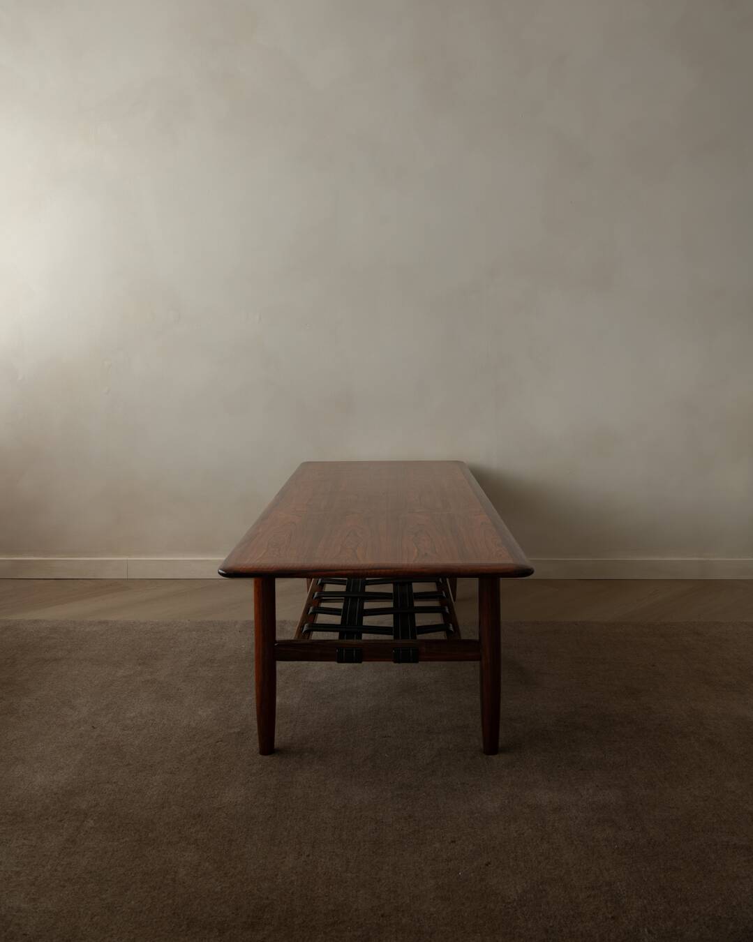 Vintage Rosewood Coffee Table Leather Magazine Shelf Topform Dutch MCM 1960