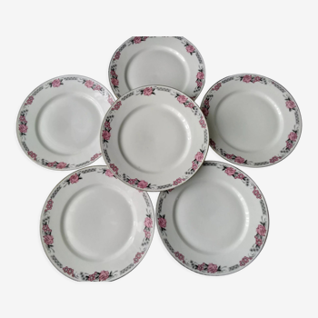 Set of 6 antique flat plates in Art Deco porcelain
