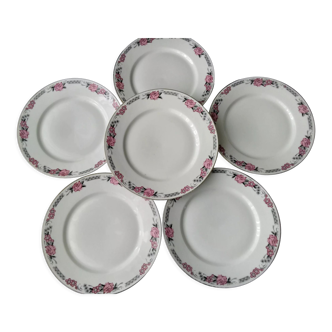 Set of 6 antique flat plates in Art Deco porcelain