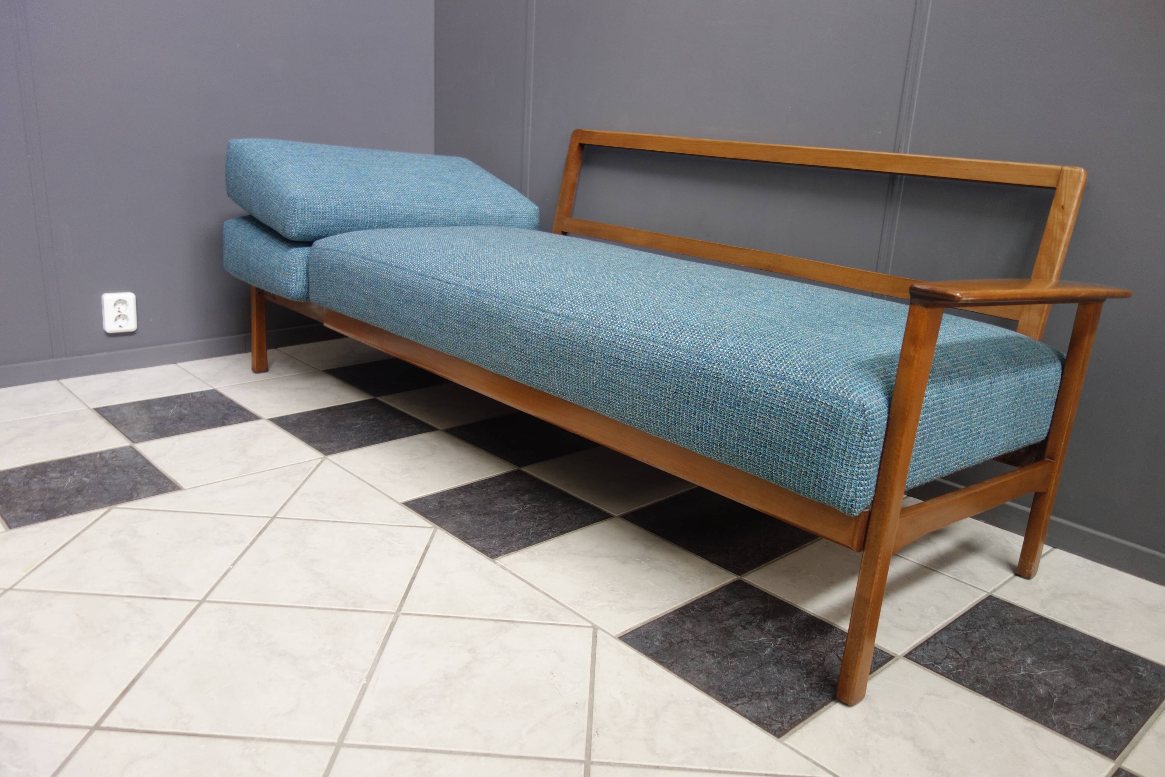 Blue fabric daybed wood frame 1960s