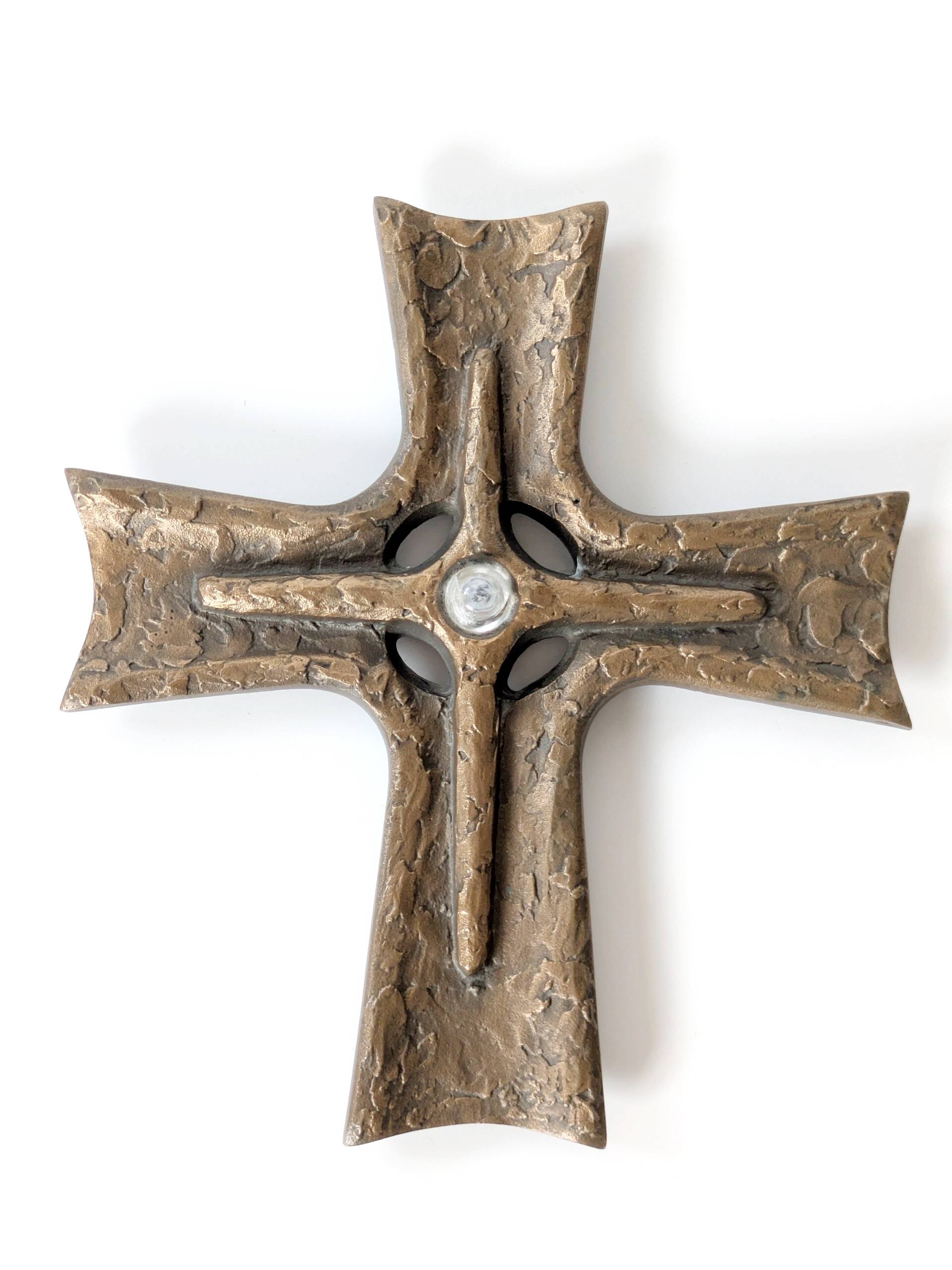 Vintage brutalist bronze crucifix, religious art from the 1950s