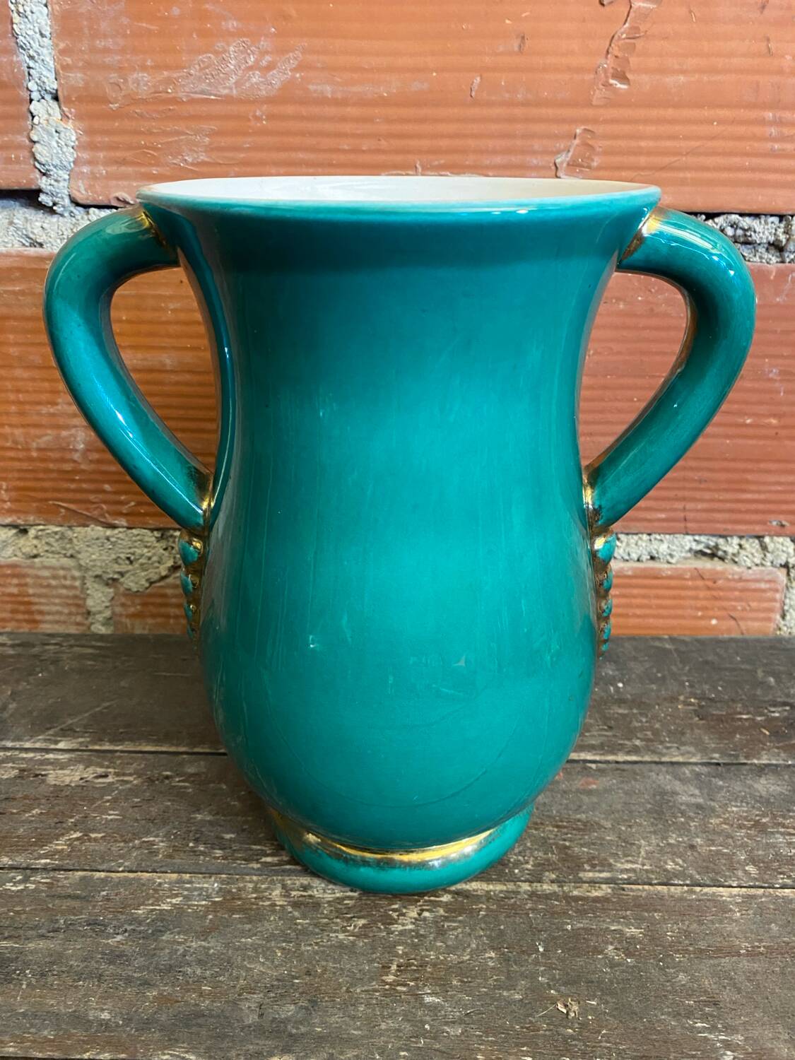 Vintage Green & Gold Ceramic ARC Vase Made in France #D777