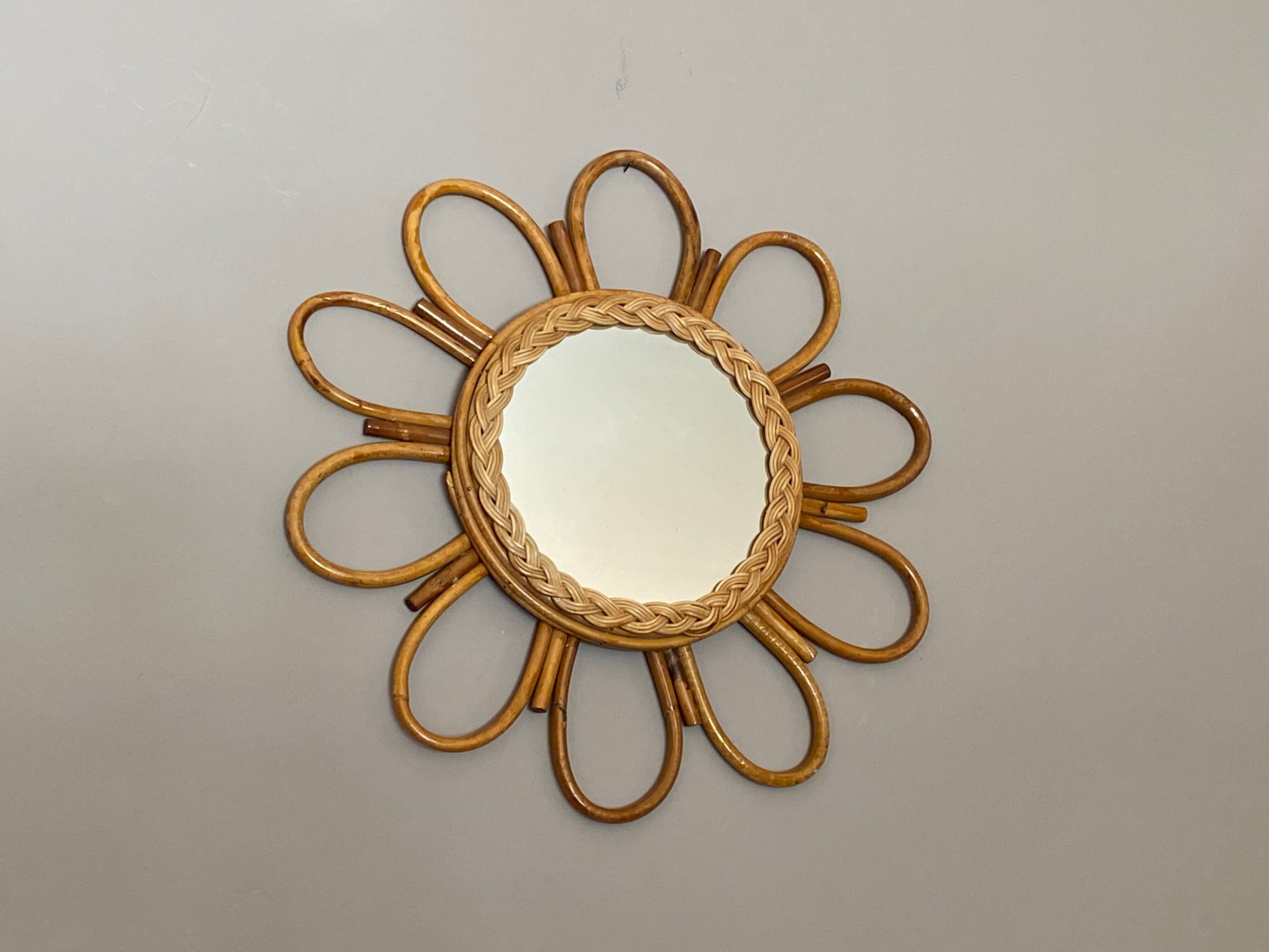 Mirror sun in rattan arched 48cm 1960