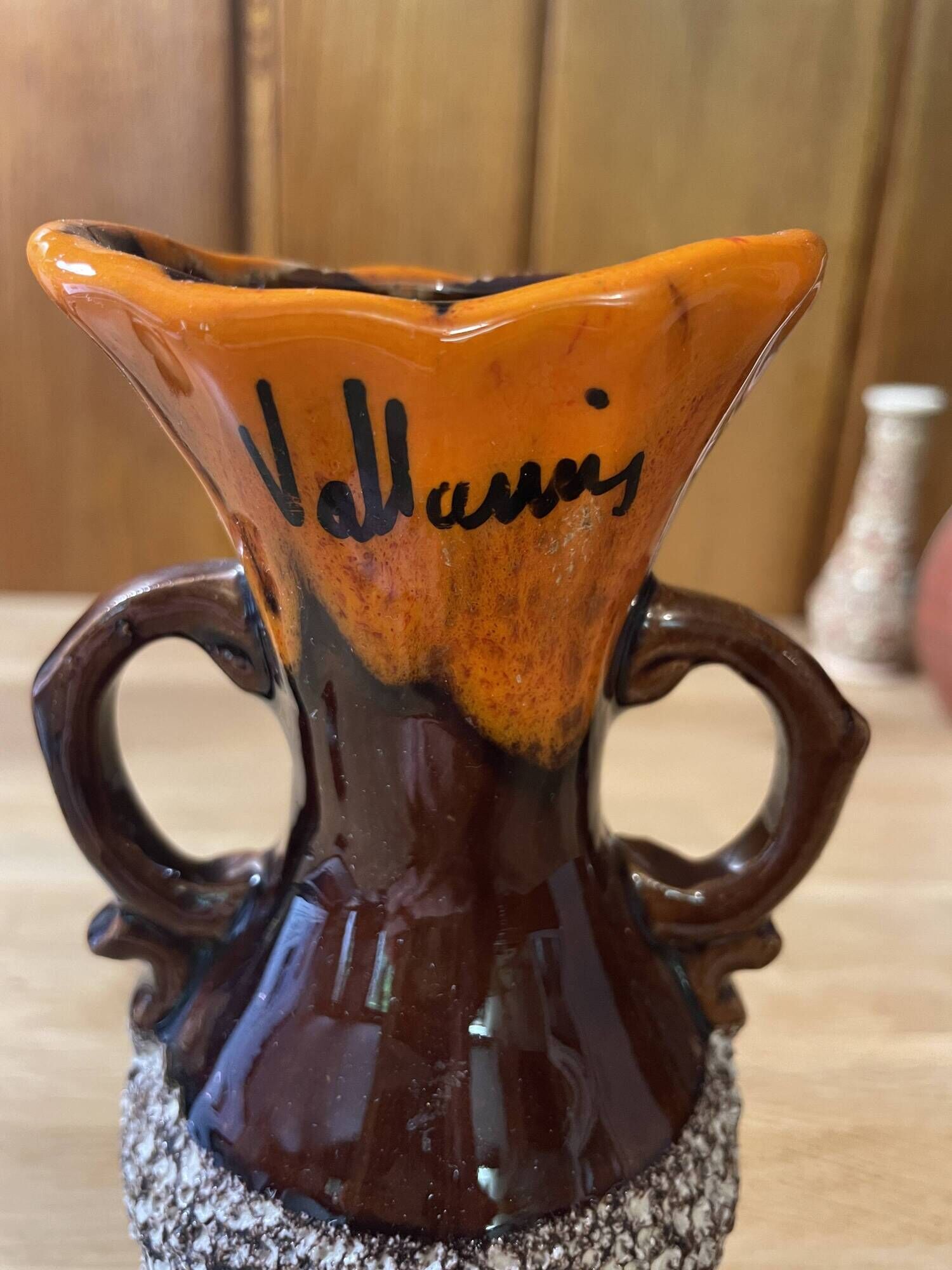 Small Vallauris ceramic vase orange brown and white 70s