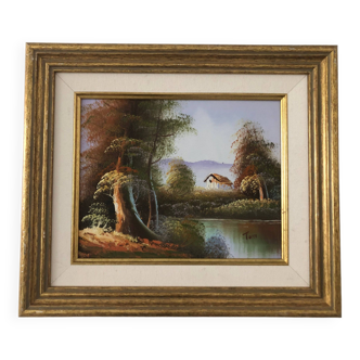 Painting, Painting, Autumnal forest on the shore, signed TOM, France