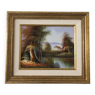 Tableau, Peinture, Forêt automnale en bord de rive, signé TOM, France