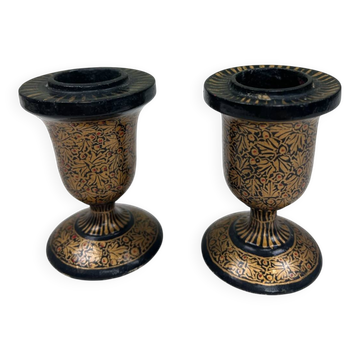 Pair of lacquered wooden candlesticks