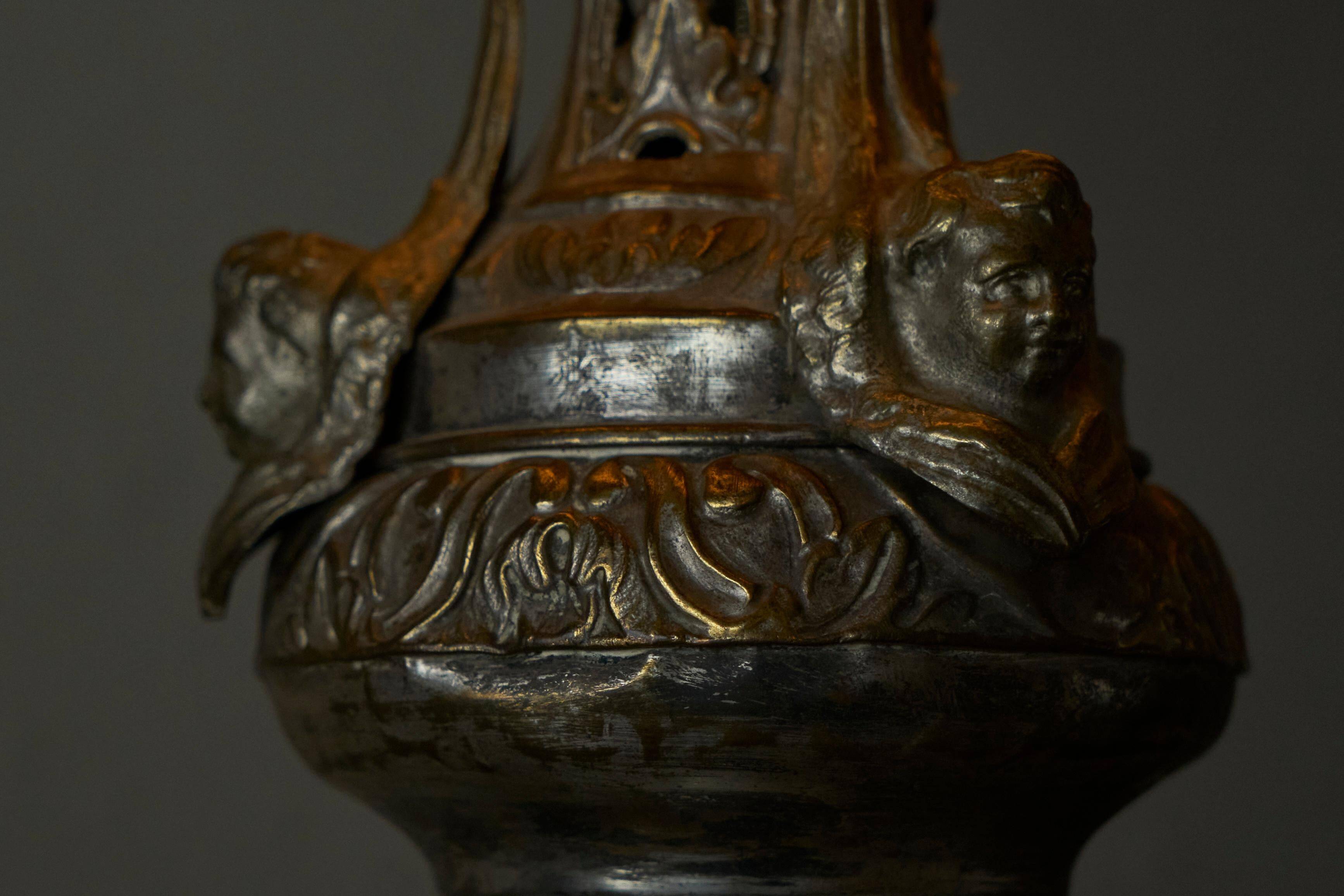 Antique Table Lamp in Patinated Brass and Silver, 19th Century