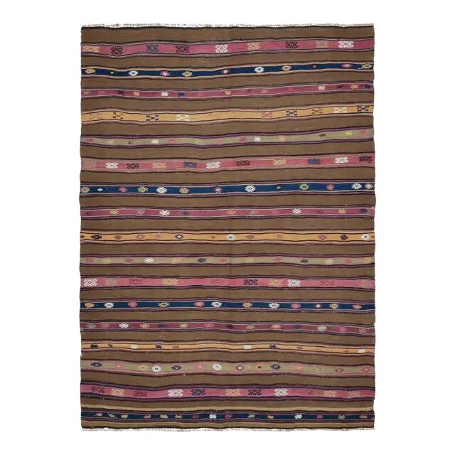 1970s Vintage Turkish Oushak Handmade Wool Cotton Brown Area Rug 167x229