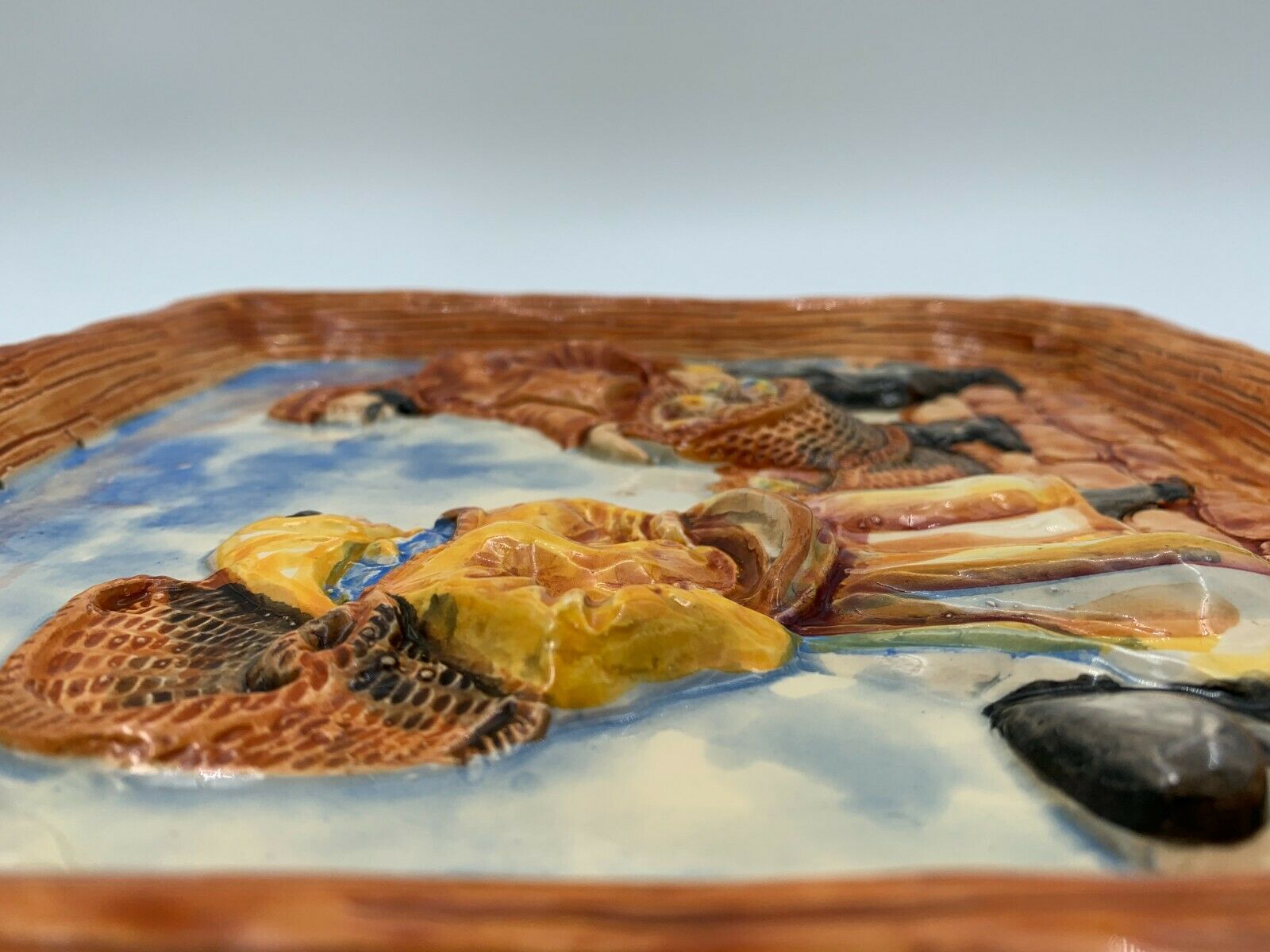 DISH IN BARBOTINE SCENE OF FISHERMAN 1960 FORT RELIEF RENE DELARUE DEVRES