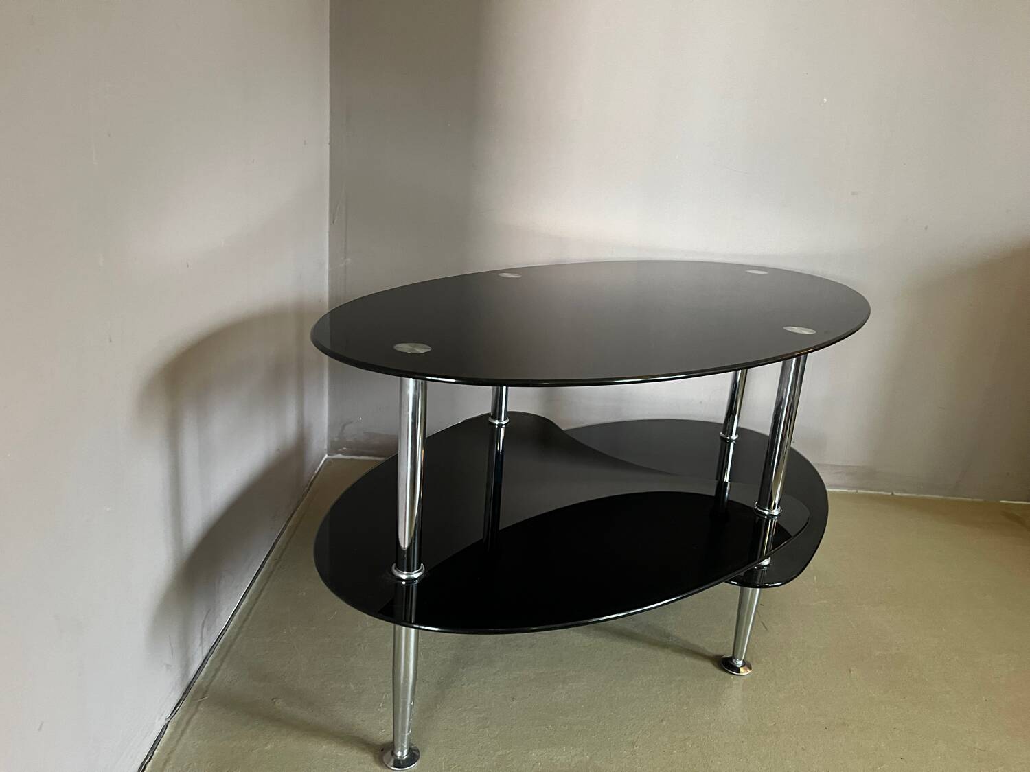 Vintage triple coffee table with smoked glass and chrome top