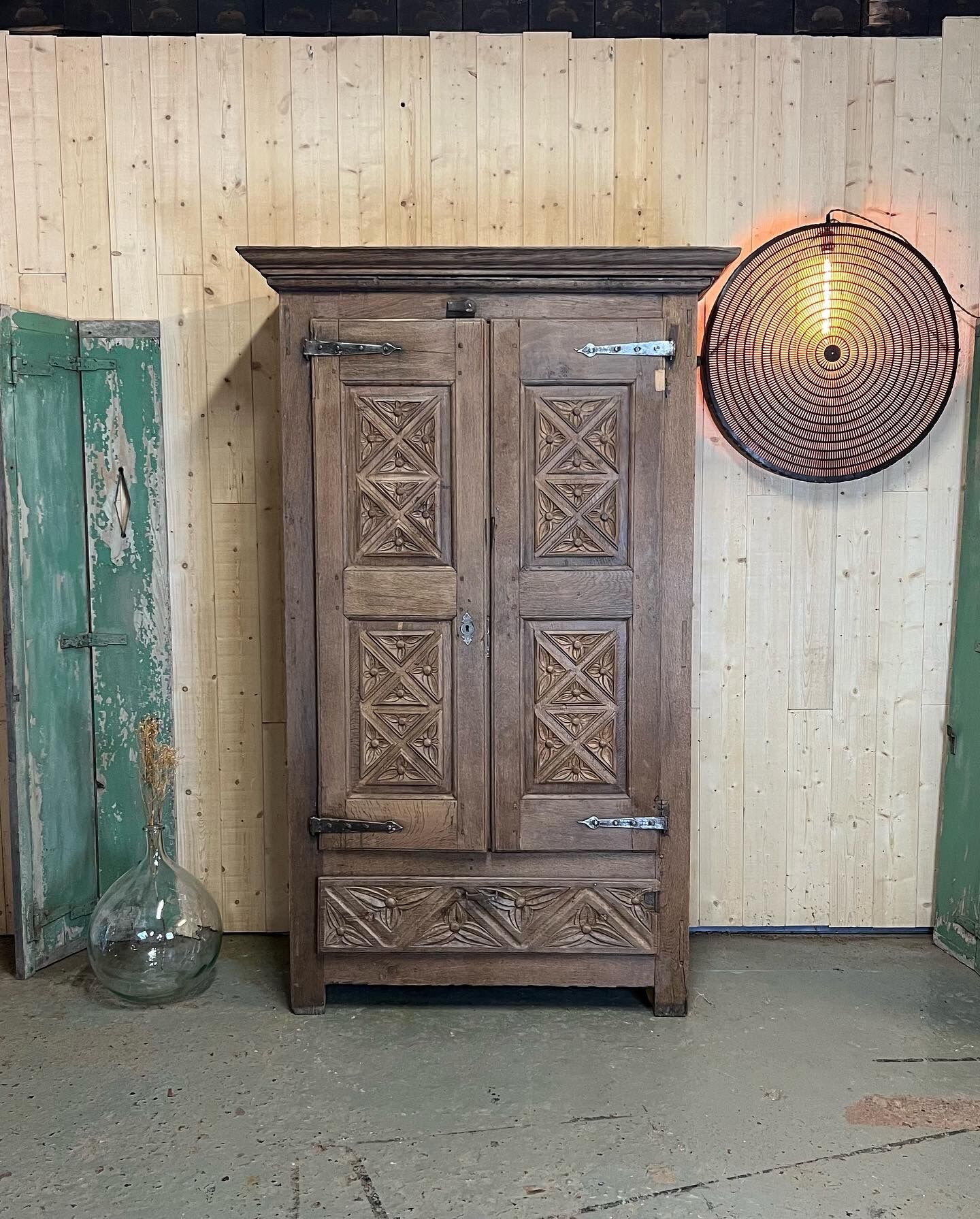 Old brutalist regionalist oak cabinet XIX th century