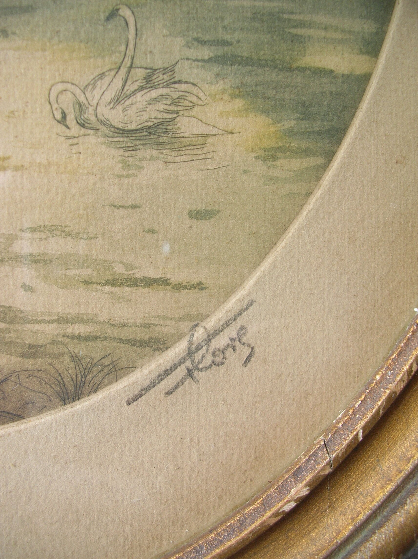 Old pair of lithographs house at the edge of the water signed wooden medallion frame