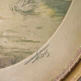 Old pair of lithographs house at the edge of the water signed wooden medallion frame