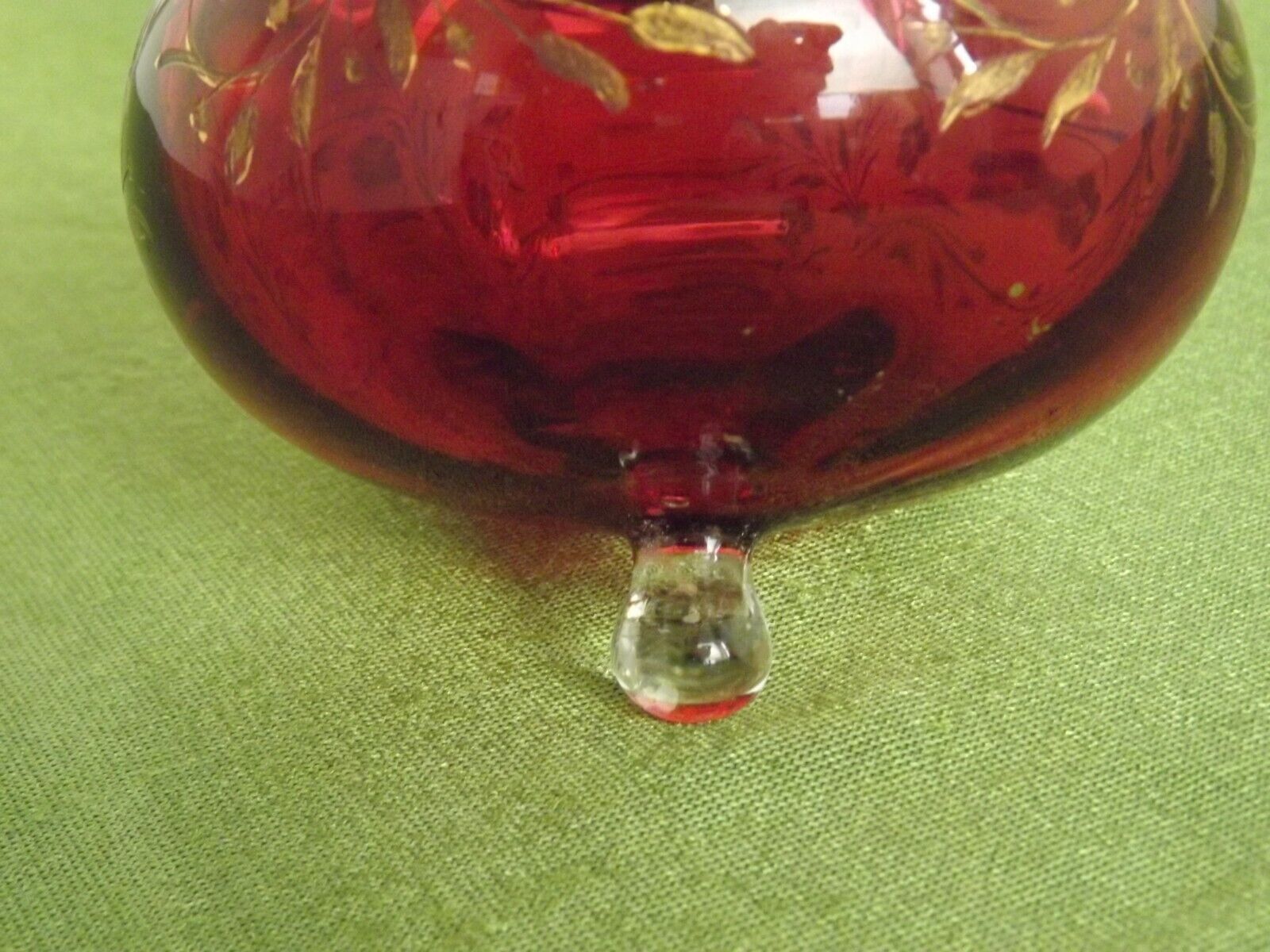 2 French Antique Cranberry Glass Oil Lantern Reservoirs Etched Gold Flowers 3984