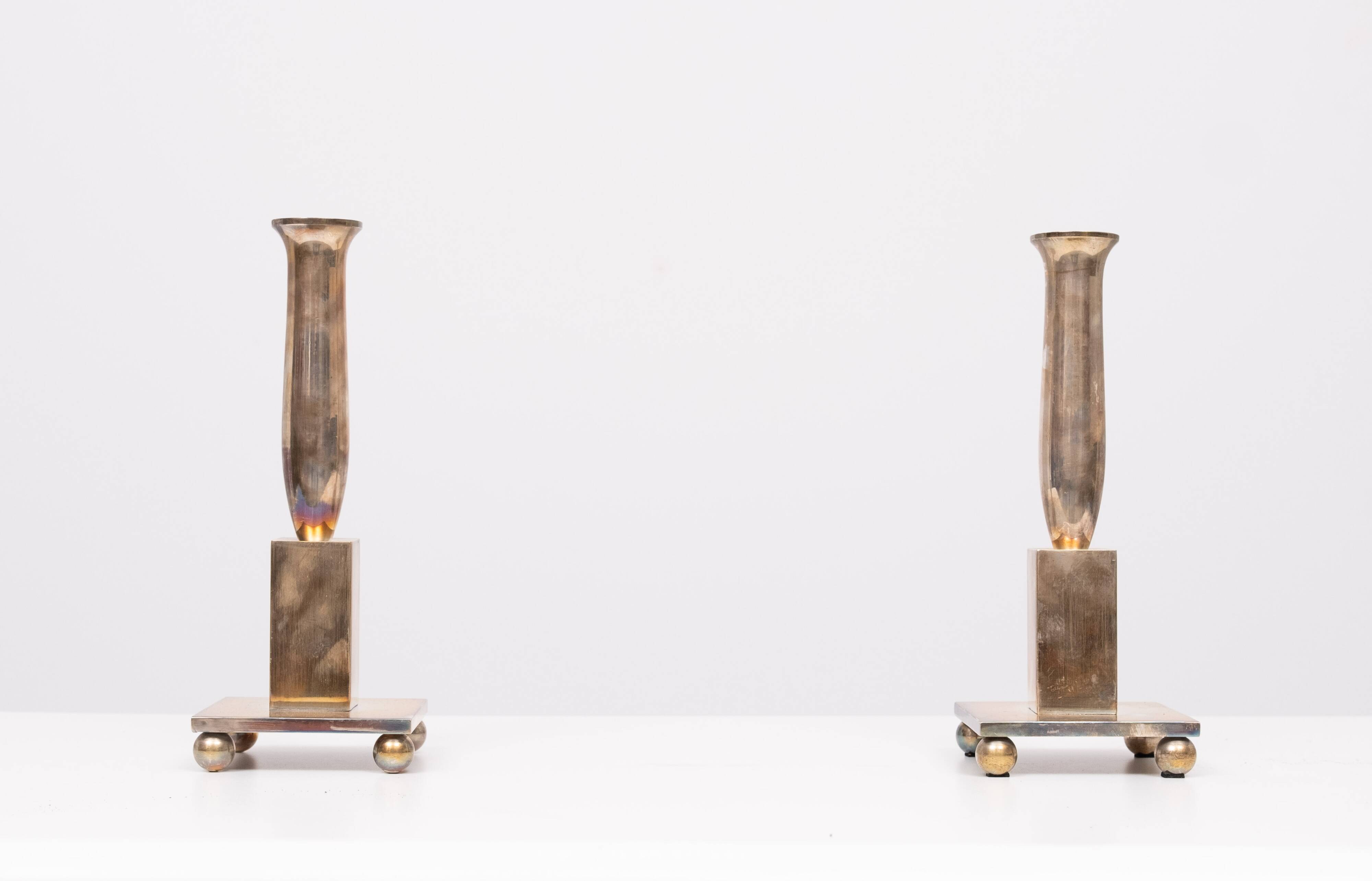 Modernistic silver plated bronze candle sticks Early 20th Century
