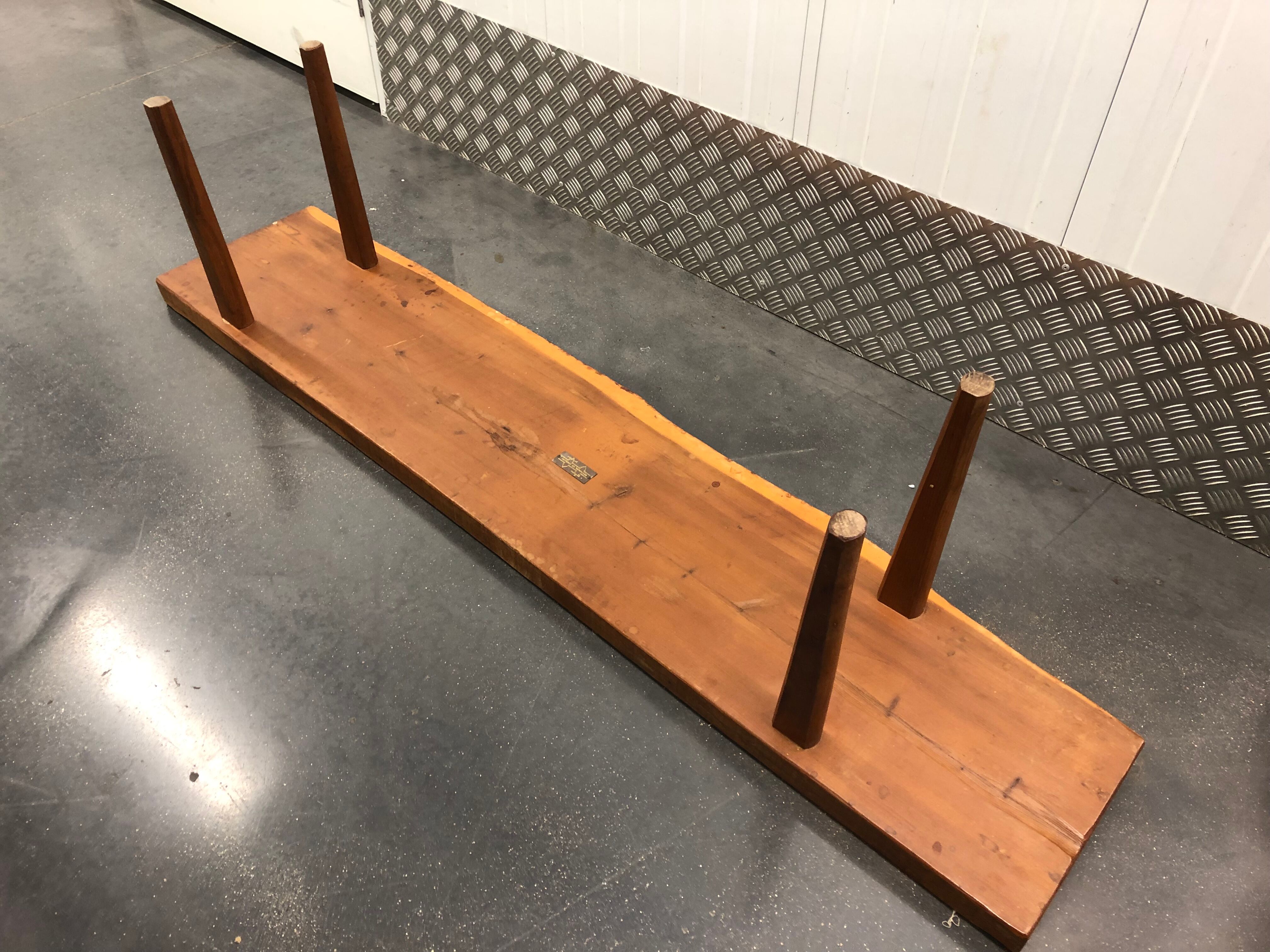 Wooden yew timbered bench stamped Reynolds of Ludlow, circa 1960