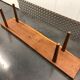 Wooden yew timbered bench stamped Reynolds of Ludlow, circa 1960