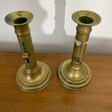 Paire De Bougeoir A Poussoir Ancien Laiton Vintage #C408