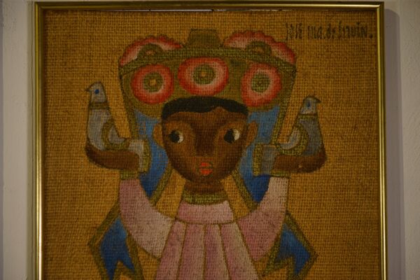 Paire de tableaux sur toile de jute art ethnique, encadrement Trousson et Cie Roubaix, 1970