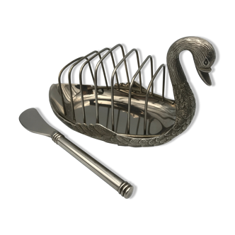 Buttery toast rack silver metal tray swan shape with butter knife