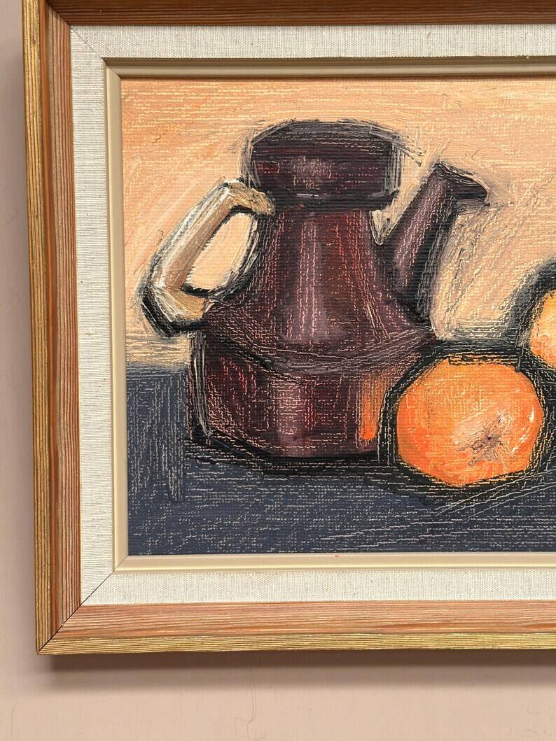Original Swedish Oil on Panel – "Kattle and Oranges" by Herald – Signed – Dated 1966 – Framed Vintage Piece