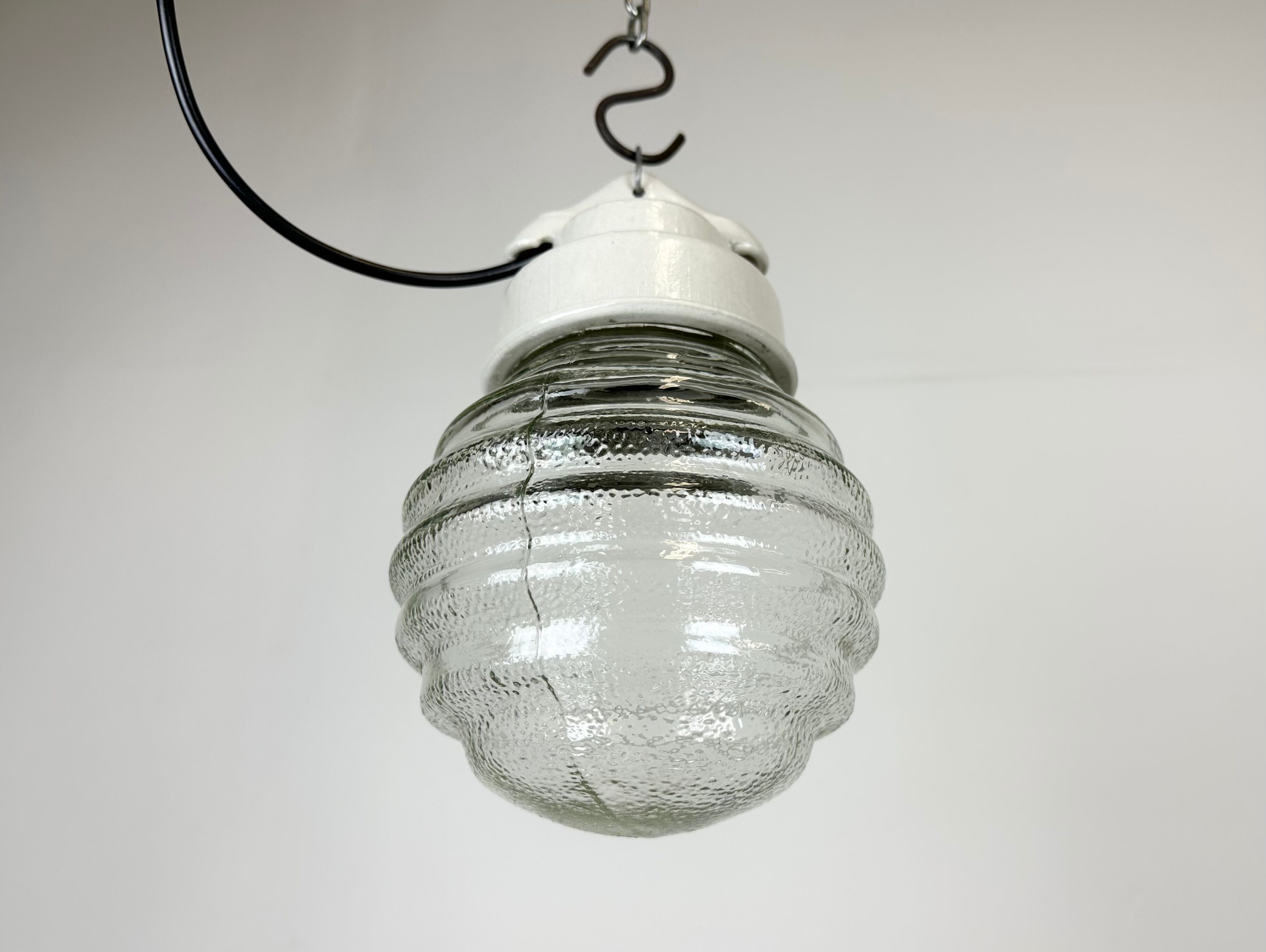 Industrial white porcelain pendant light with ribbed glass, 1970s