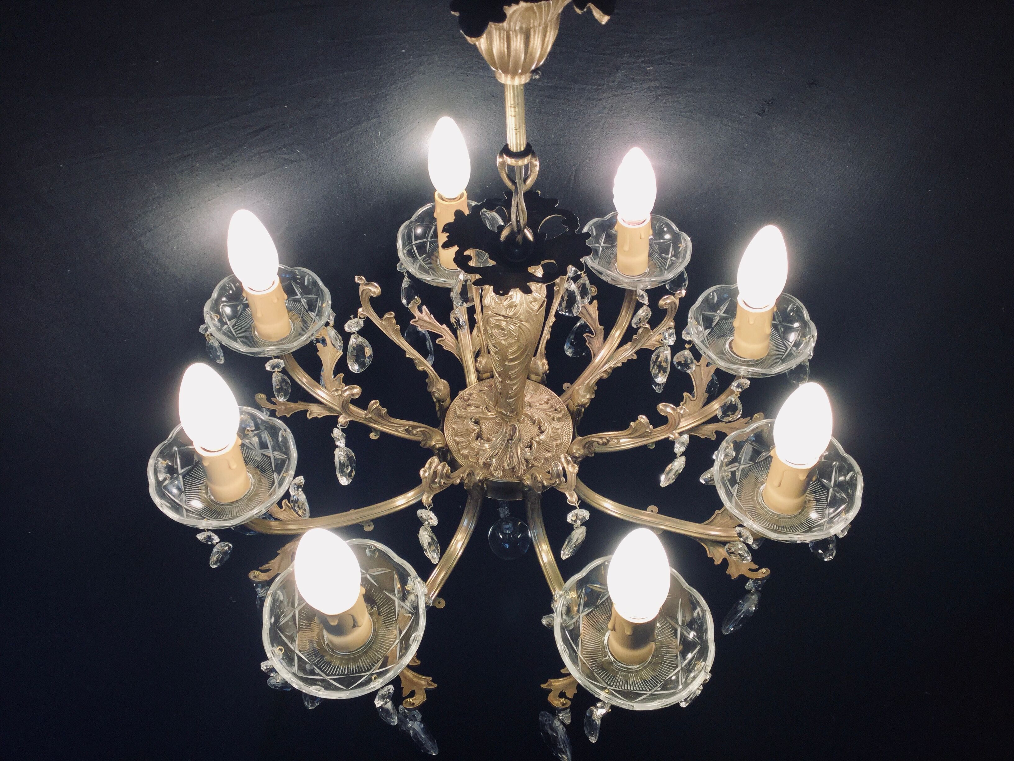 8 lights, crystal, bronze and brass chandelier