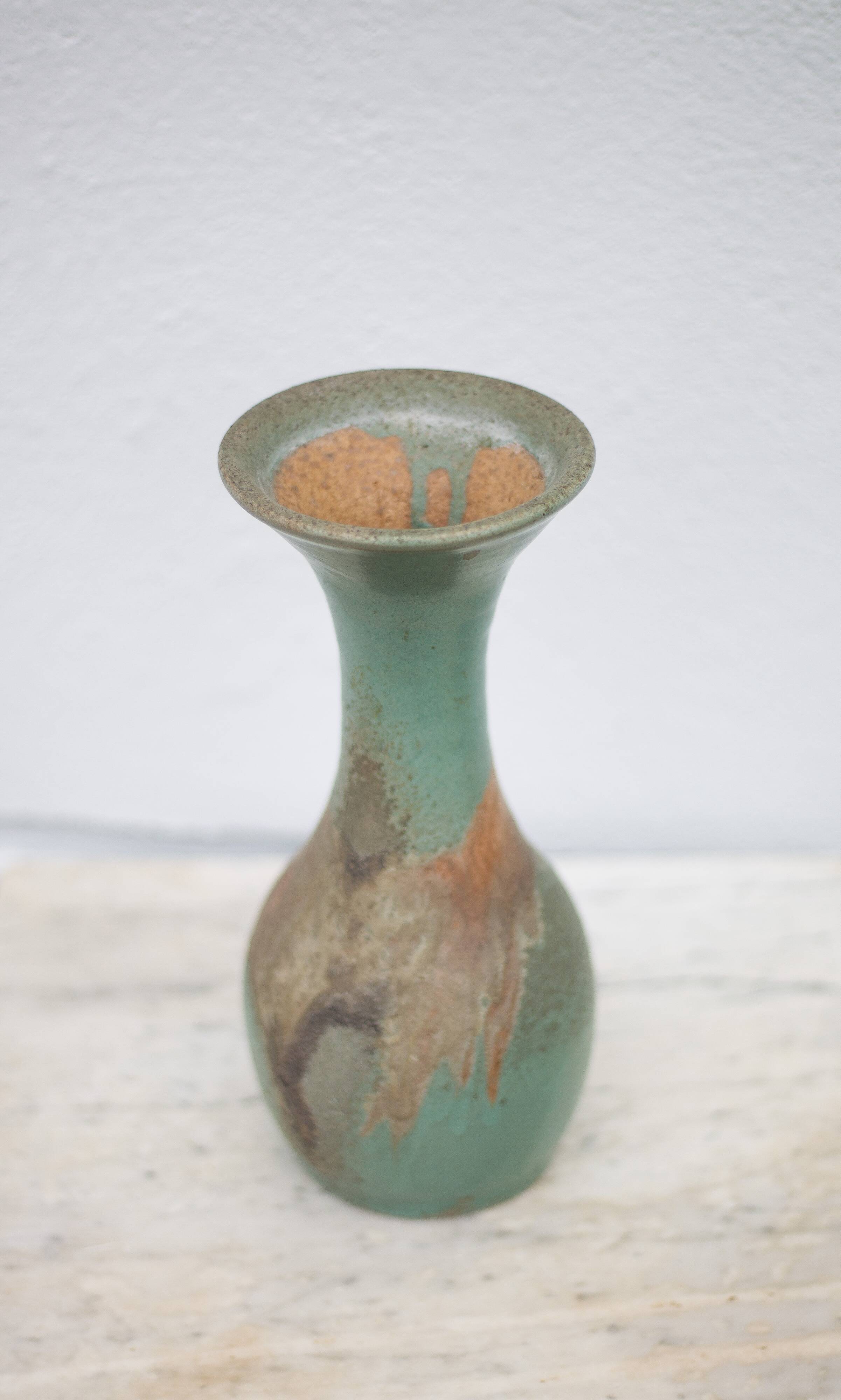 Vintage vase, raku style baluster vase, large neck vase, cetadon green ceramic vase