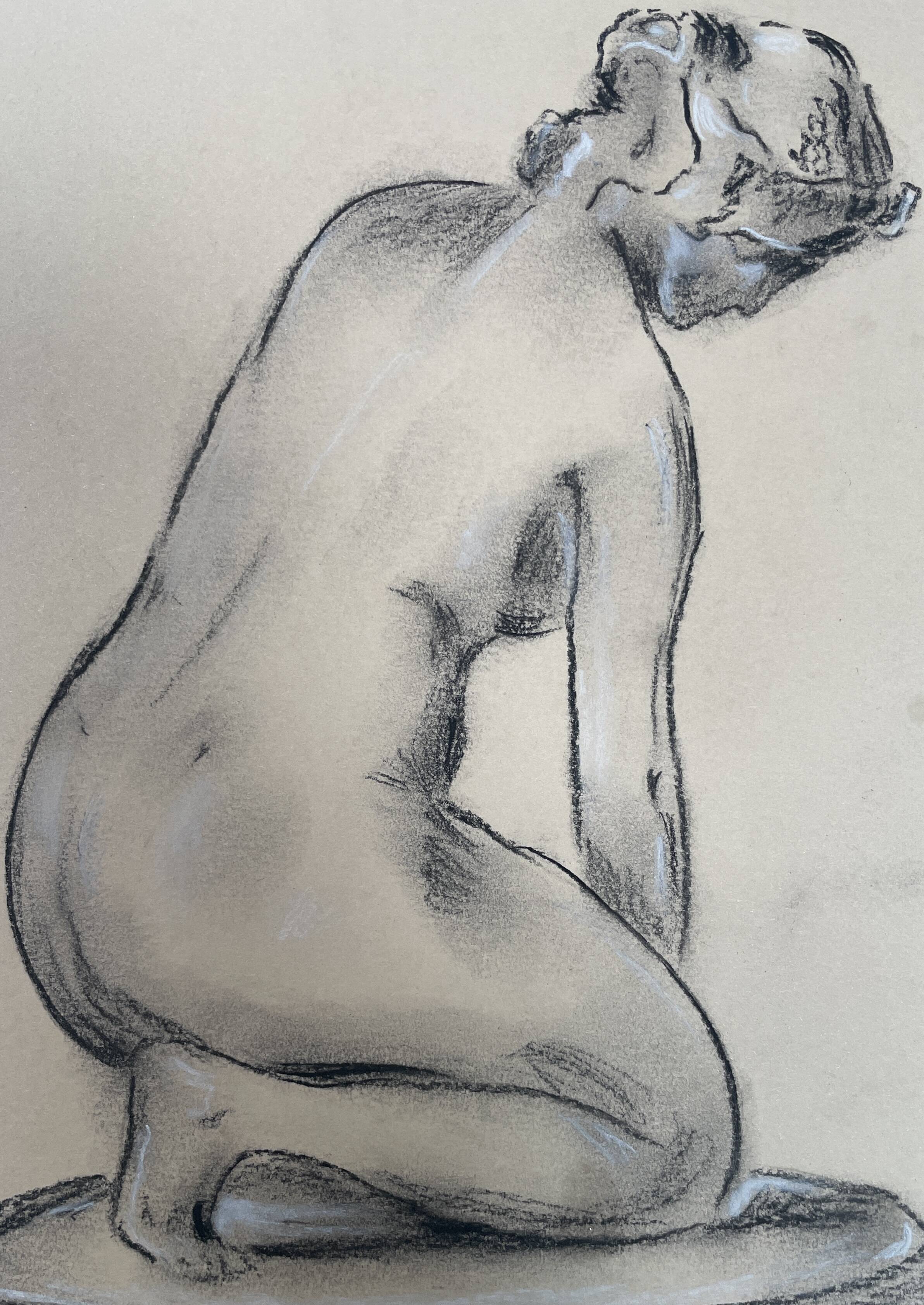 Charcoal drawing, study of a plaster statue of a woman, signed studio piece.