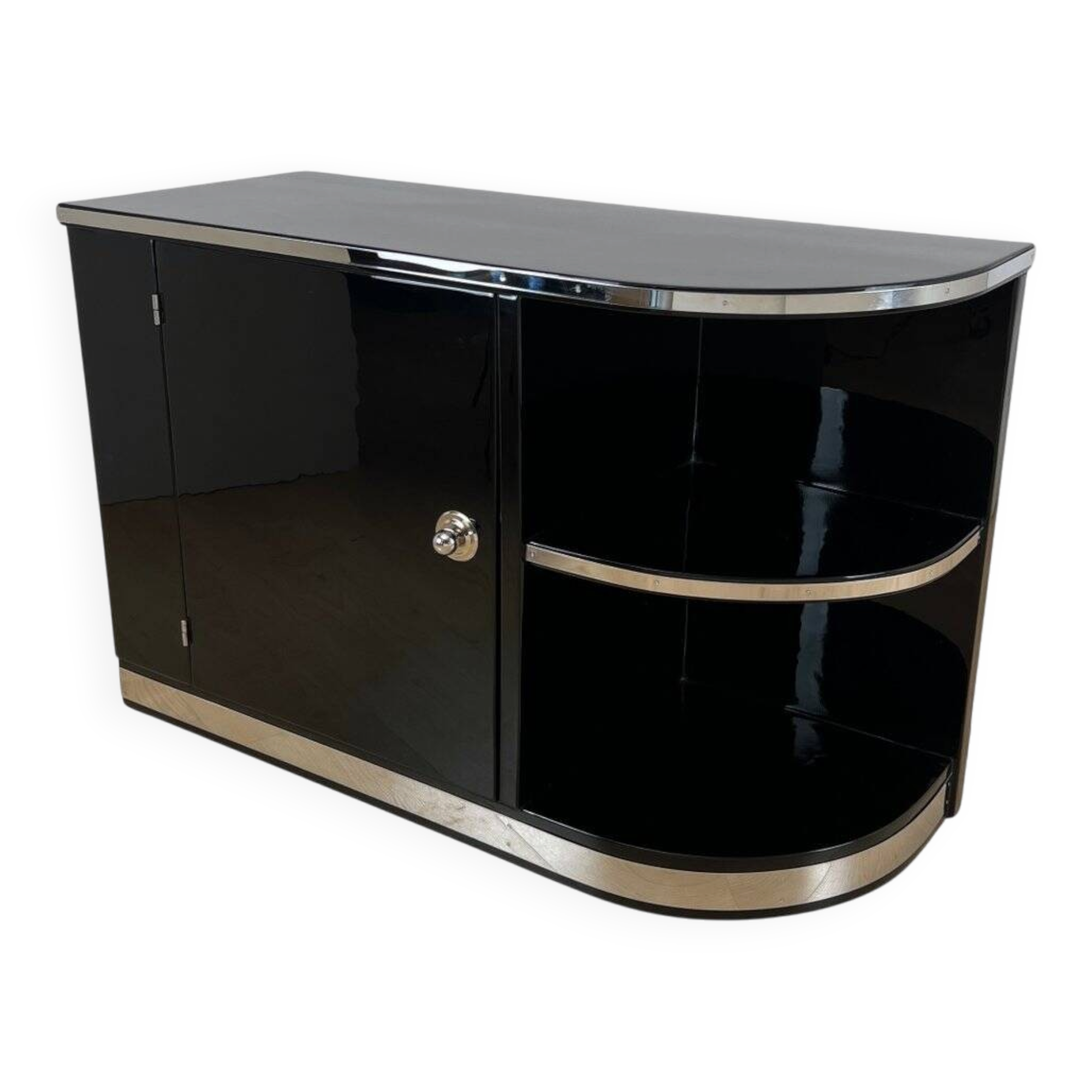 Art Deco Black Lacquered Lowboard with Chrome Fittings, France, 1930s