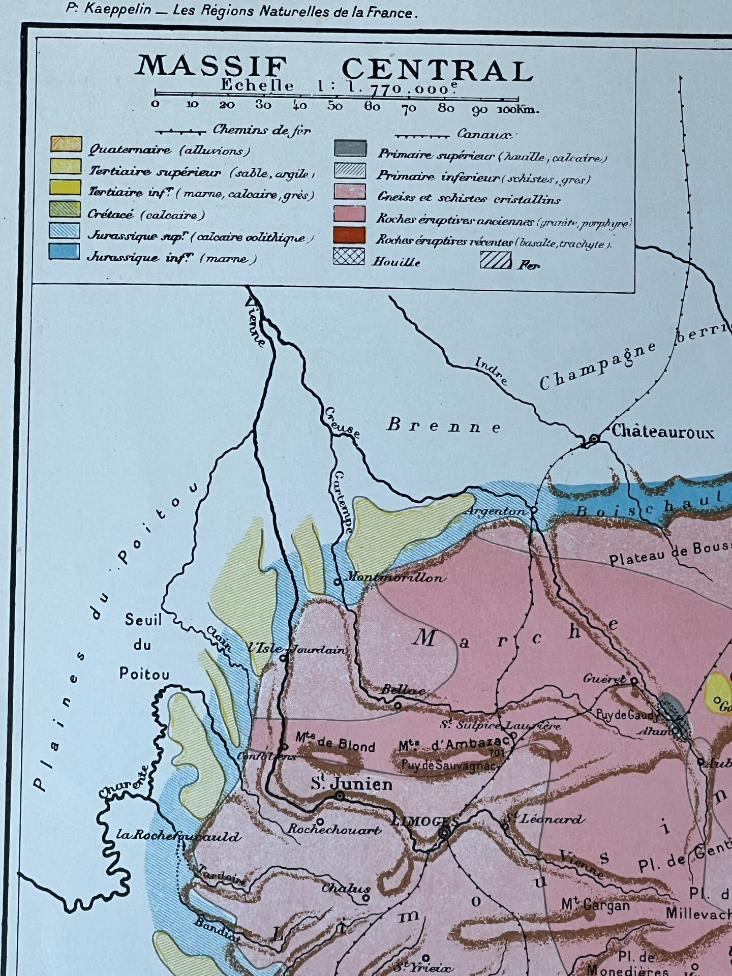 Original map of the Massif Central 37x27cm - 1908