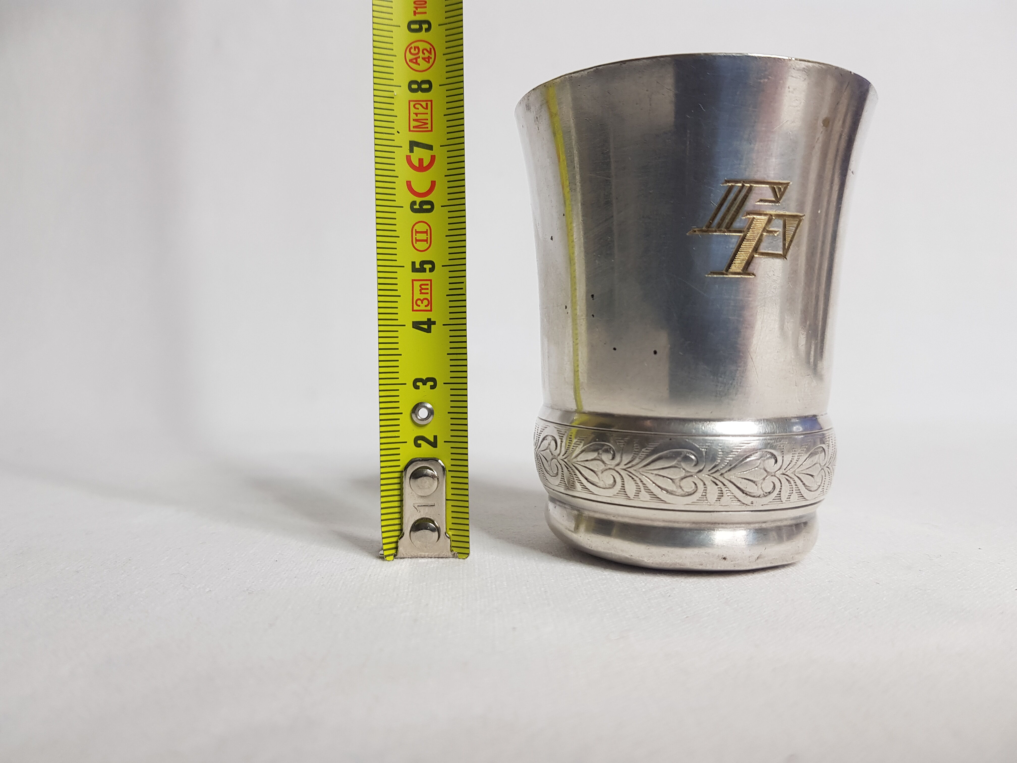 Art Deco-style old silver metal Timbale monogrammed LP