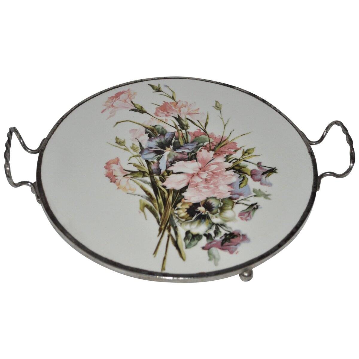 Round white porcelain and metal cake stand, floral decoration, antique style.