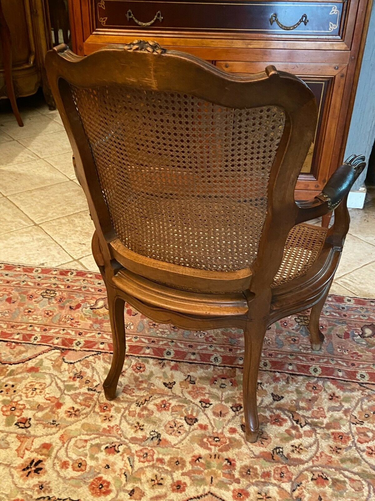 Solid walnut office chair seat and backrest caned Louis XV style