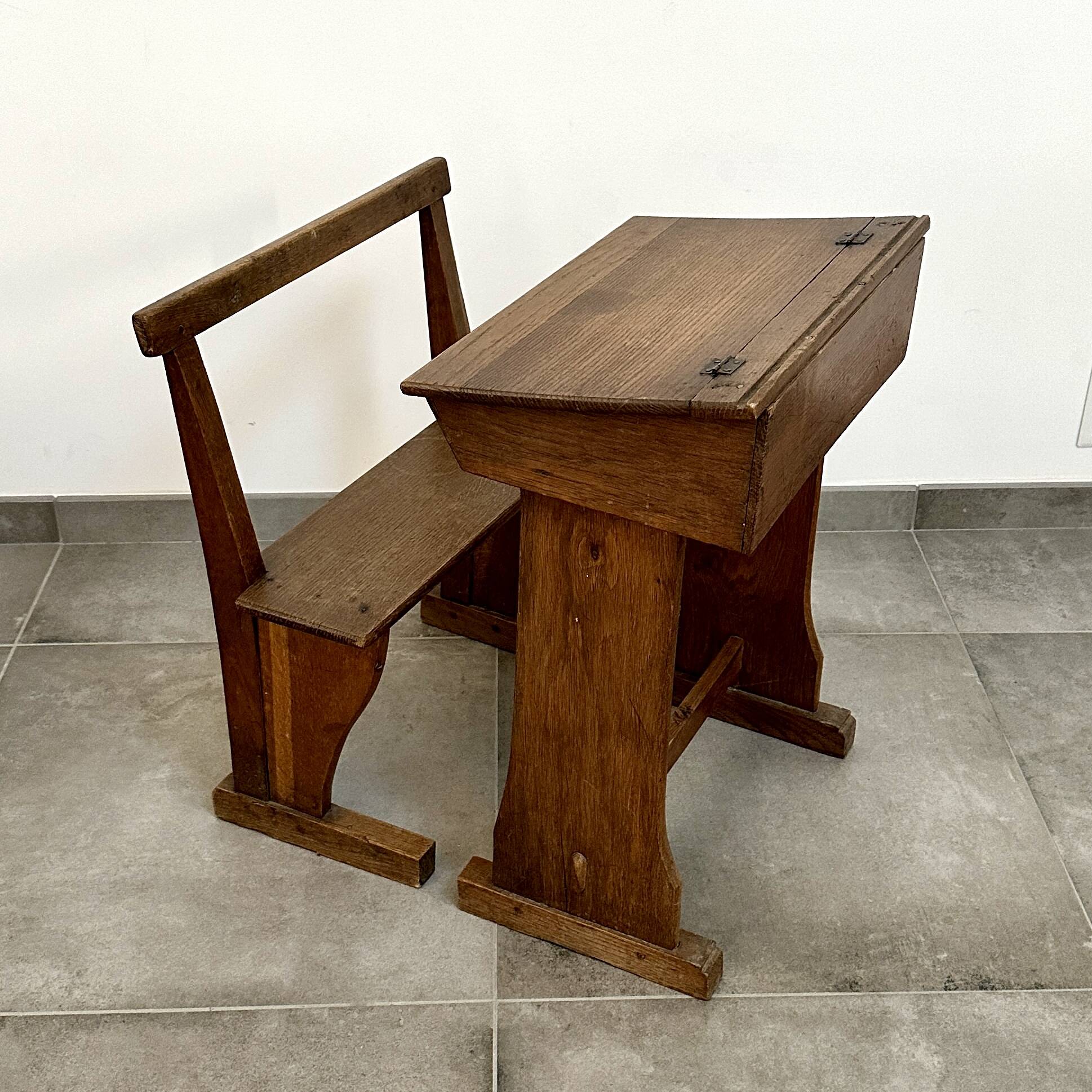 Solid oak school desk - mid-20th century - freestanding bench