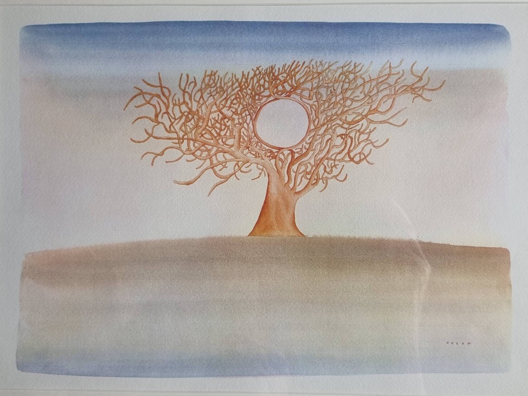 Vintage reproduction after “The Thinking Tree” by Folon, framed, 1974, 42 cm x 31 cm
