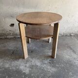 Art Deco round oak side table in light weathered oak with lower shelf, geometric three-leg design