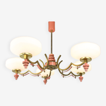 Mid century italian pink brass and opaline chandelier