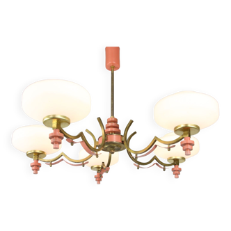 Mid century italian pink brass and opaline chandelier