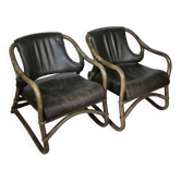 Bamboo and Leather Armchairs attributed to Horsnæs, Set of 2, 1960s