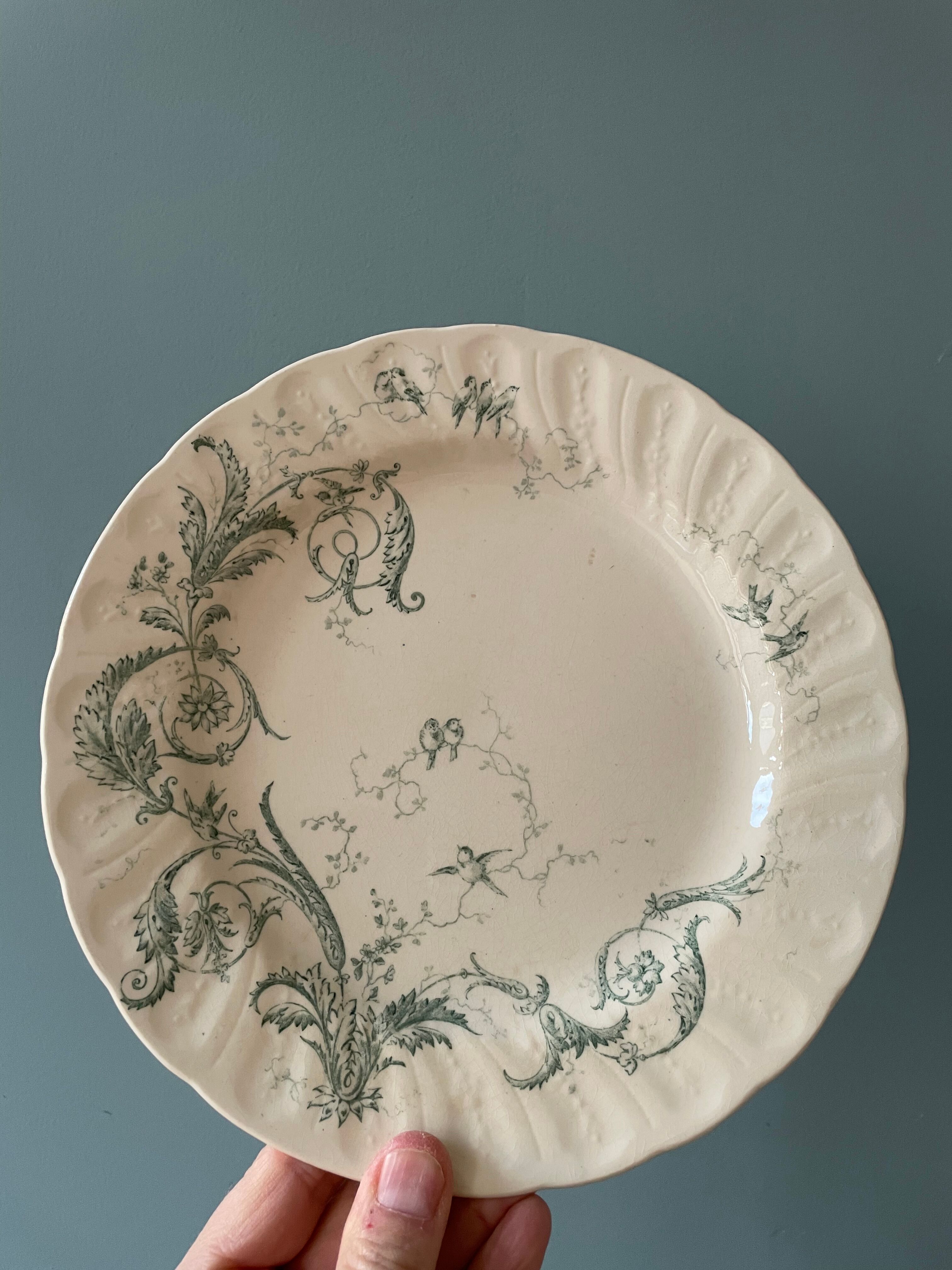 Set of 12 flat plates Terre De Fer XIXth in opaque porcelain of Gien, model Rinceaux