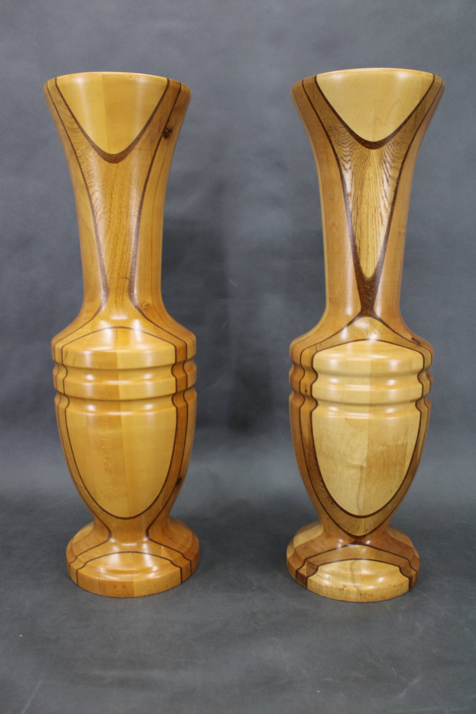 Pair of large Czechoslovakian wooden vases, mixed woods, 1960s