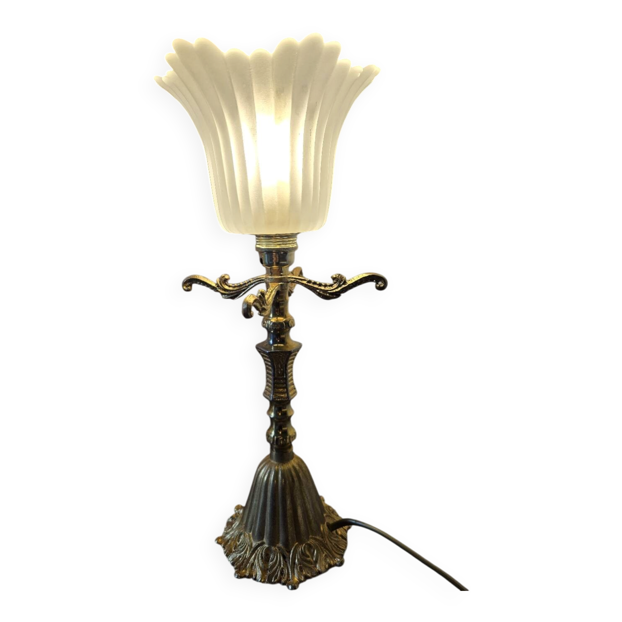 Lampe à poser originale éléments en métal doré et tulipe