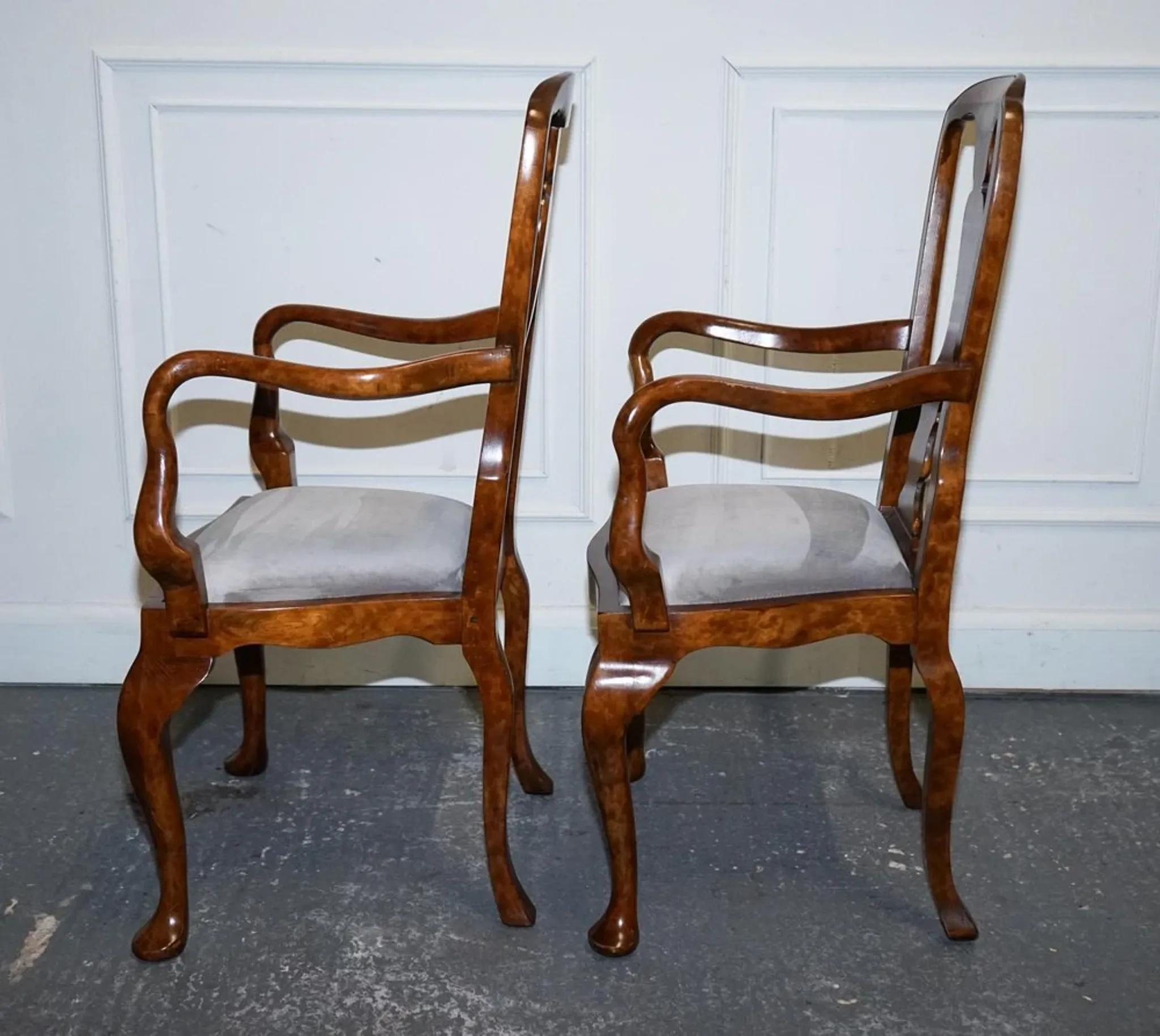 Art Deco Queen Anne Style Armchairs in Walnut Burl, 1920s, Set of 2