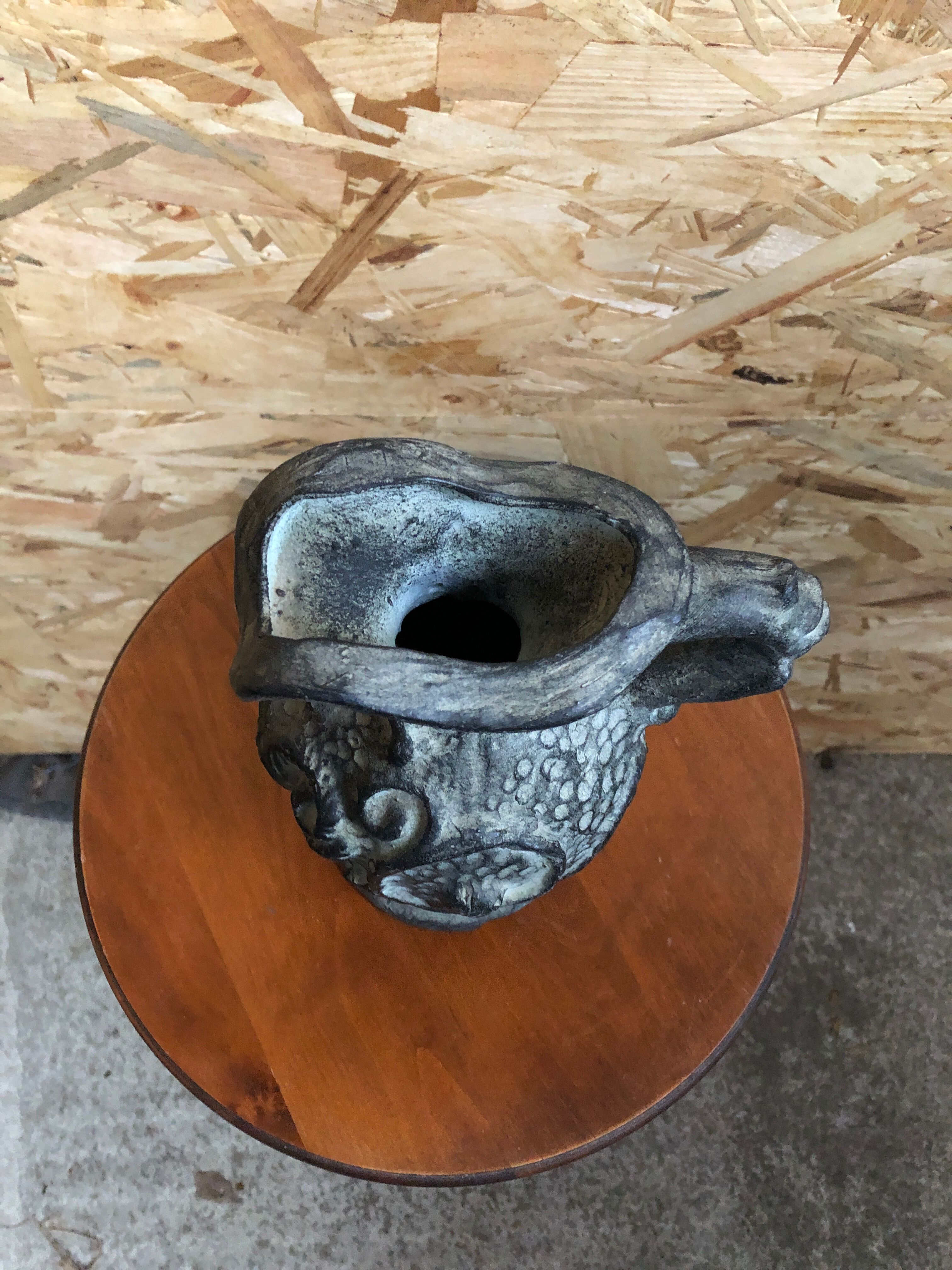 Old pitcher ewer gray ceramic signed vintage tableware