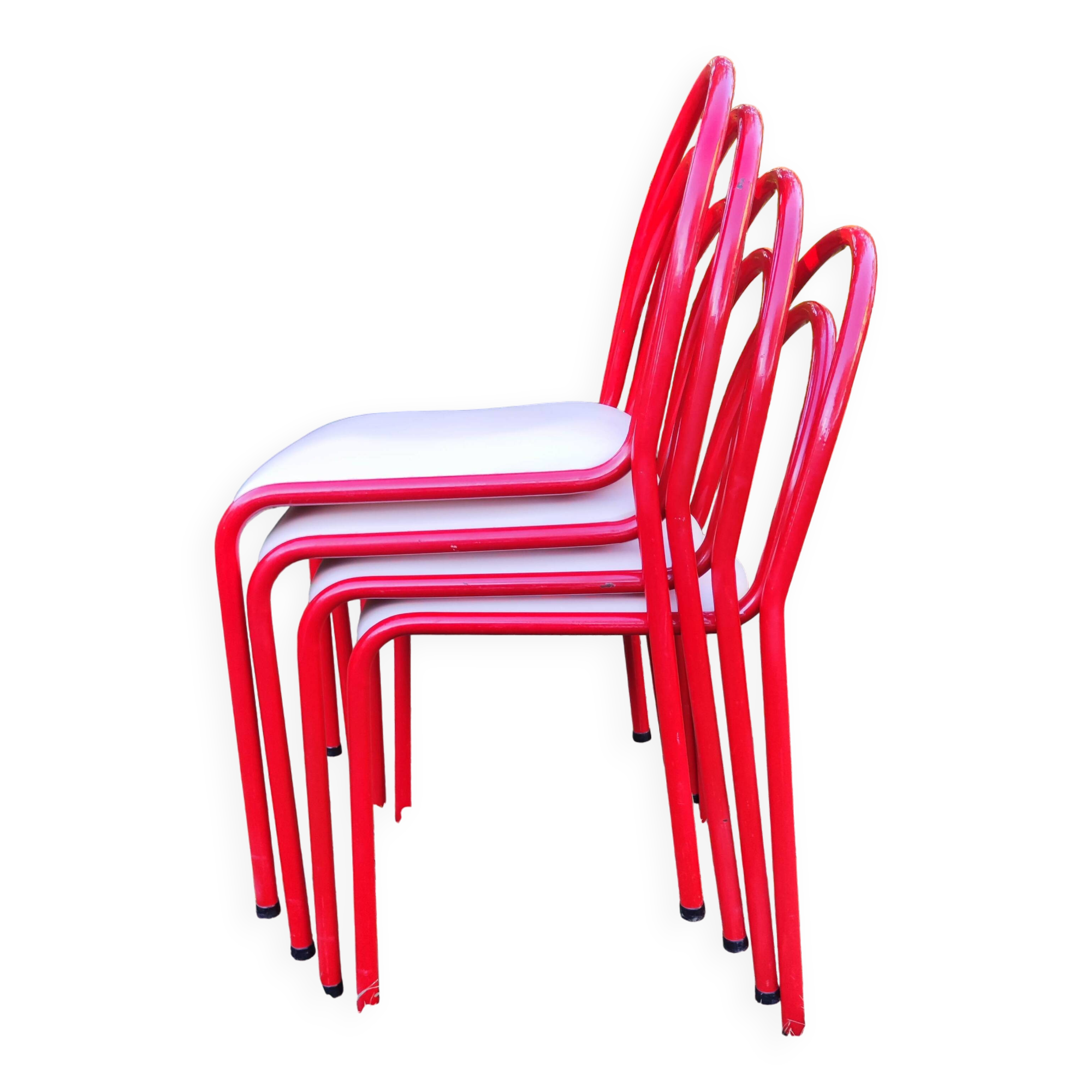 Stackable chairs, Italy, 1980s, red metal, white vinyl