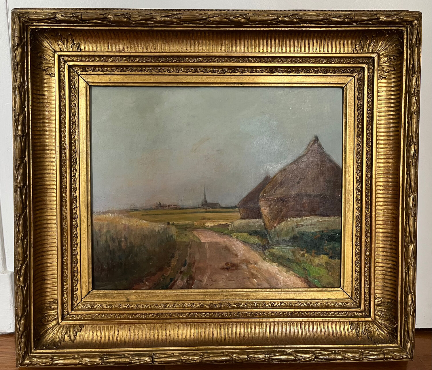 Painting: Oil on panel - landscape with haystacks