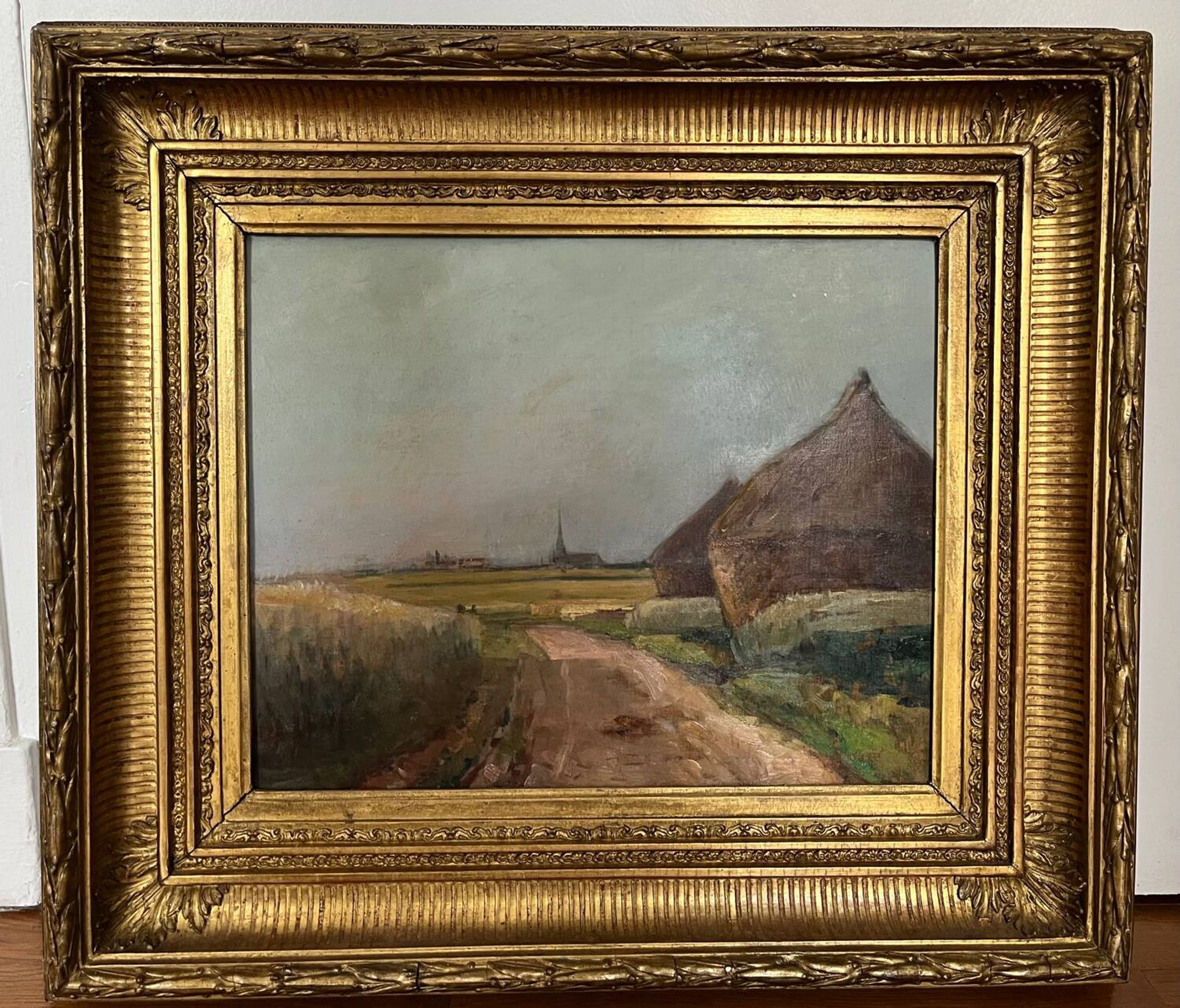 Painting: Oil on panel - landscape with haystacks