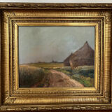 Painting: Oil on panel - landscape with haystacks